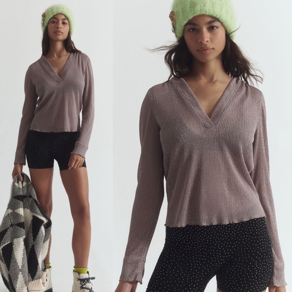 Daily Practice by Anthropologie Sheer Metallic Long-Sleeve Top in Taupe Small